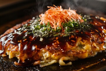 A macro view of traditional Japanese okonomiyaki on the teppan grill