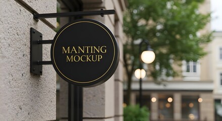 Letrero negro redondo en blanco en la pared exterior, maqueta para diseño de logotipo, presentación de marca para empresas, tiendas.
