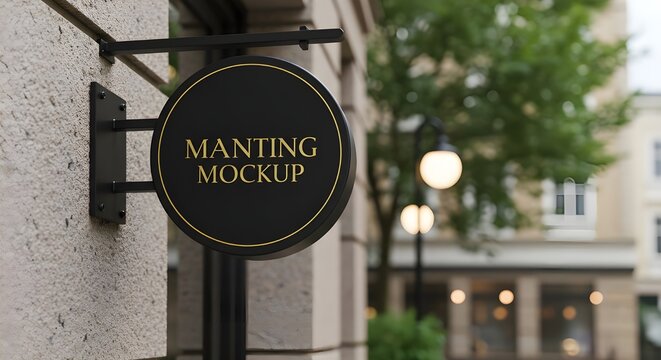 Letrero negro redondo en blanco en la pared exterior, maqueta para dise&ntilde;o de logotipo, presentaci&oacute;n de marca para empresas, tiendas.
