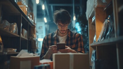 young man checking orders in warehouse at night