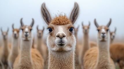 Obraz premium Close-up view of a group of llamas with soft fur and expressive faces, set against a misty background, creating an adorable and captivating scene.