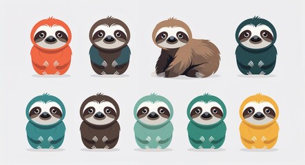 Fototapeta premium Set bundle of sloth minimalist childish style illustration on plain white background