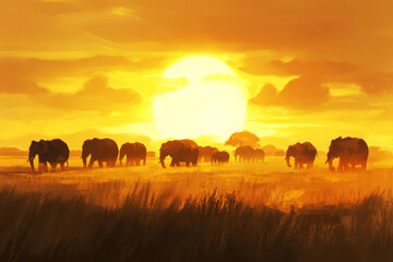 Obraz premium Illustration of a herd of elephants strolling across a golden savannah at sunset, their large silhouettes cast in shadow as the sun sets behind them, creating a majestic and peaceful atmosphere.