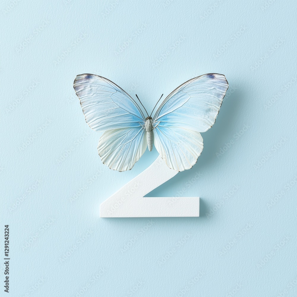 Poster delicate minimalist butterfly design with number two on soft blue background