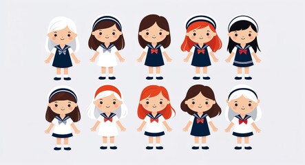 Set bundle of White girl in sailor dress minimalist childish style illustration on plain white background