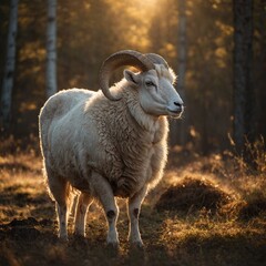 A white ram standing in a forest clearing, bathed in warm sunset light.