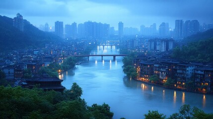 Naklejka premium Misty river flowing through cityscape at dawn