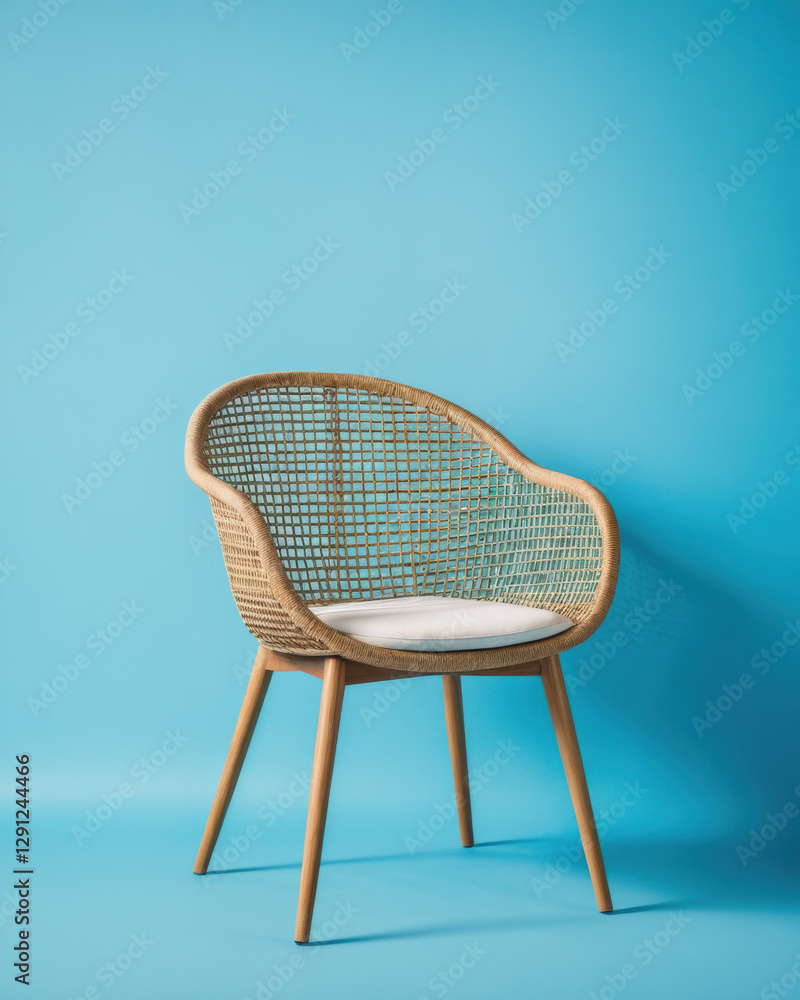 Poster chair closeup in studio room with cyan background, adding depth and intrigue.