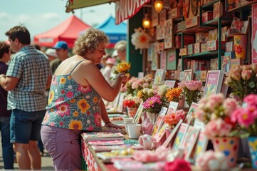 Obraz premium Mature caucasian woman exploring colorful floral market stall outdoors