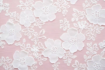 A soft and delicate floral lace pattern in white on a pastel pink background, evoking romance and elegance.
