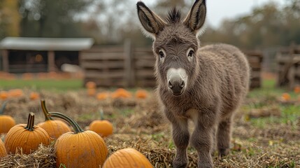 Adorable young donkey exploring a pumpkin patch surrounded by autumn harvest scenery and vibrant orange pumpkins