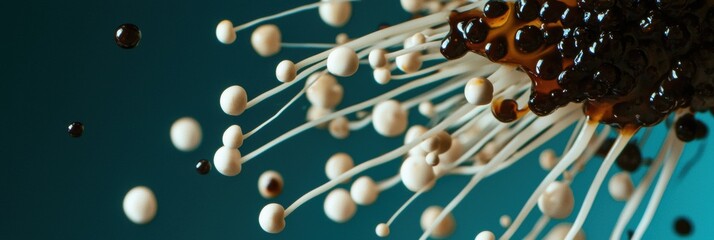 Sizzling enoki mushrooms flying with black bean sauce drizzles on Deep Teal Background