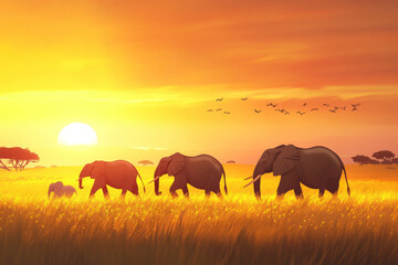 Fototapeta premium Illustration of a family of elephants roaming across the African savannah. The elephants move gracefully across the golden grass, while the setting sun paints the sky in warm shades of orange and pink