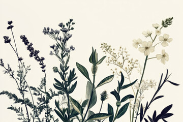 A detailed botanical illustration featuring an intricate arrangement of wildflowers, herbs, and leaves. The vintage style sketching technique gives it a timeless and elegant appearance.