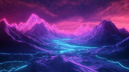 High 3D landscape with neon-lit mountain ridges and valleys, glowing under a futuristic digital sky, perfect for modern background designs