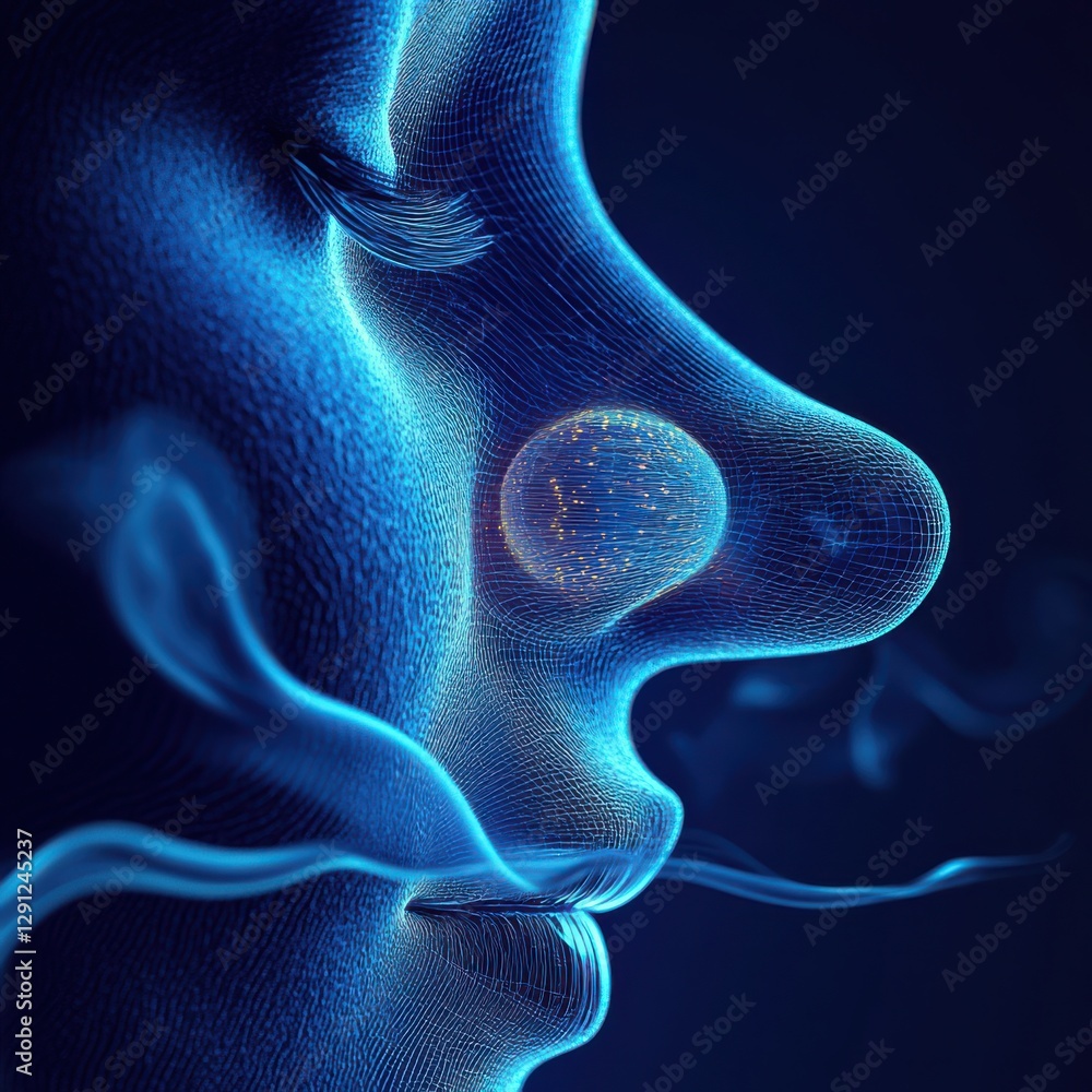 Poster futuristic digital representation of a human face with abstract neural network design and glowing el