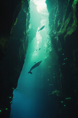 Illustration of a giant whale swimming gracefully through an underwater cave, with glowing fish lighting the path ahead. The cave is filled with bioluminescent plants, adding a magical, serene feel to