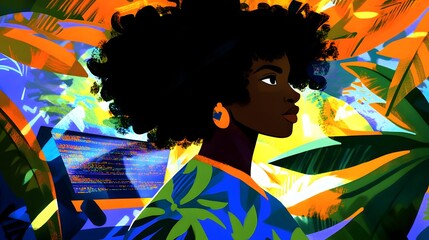 Profile Portrait of a Woman with Afro Hair Surrounded by Colorful Tropical Foliage