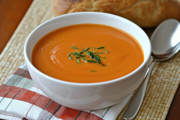 Creamy orange soup served in a white bowl with herbs and fresh bread nearby