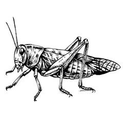 A black and white drawing of a grasshopper