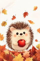 Fototapeta premium Illustration of a cheerful, round little hedgehog holding a bright red apple in its tiny paws. Its quills are soft and fluffy, giving it an irresistibly cute look, while autumn leaves gently fall