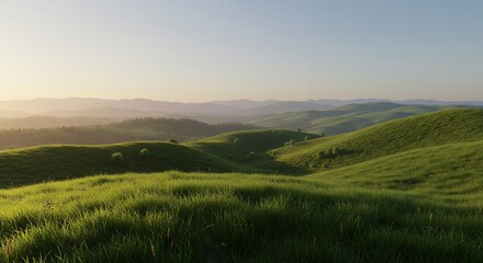 Obraz premium Rolling green hills and distant mountains meet a soft sky