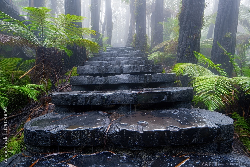 Poster a misty forest path lined with stone steps, surrounded by lush greenery and ferns, creating a serene