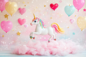 A cheerful unicorn with a rainbow mane prancing across a fluffy pink cloud, leaving a sparkling trail of stardust behind. The pastel background is filled with twinkling stars and floating heart shaped