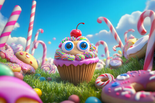 A joyful, animated cupcake with big, sparkling eyes and a cherry on top, happily dancing among a field of smiling donuts and candy canes. The vibrant colors make it extra sweet and fun.