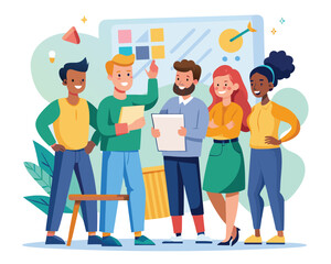 Vector cartoon illustration of a diverse group of people in a business workshop, depicted in a close-up view. The scene should showcase individuals from various backgrounds, including different races,