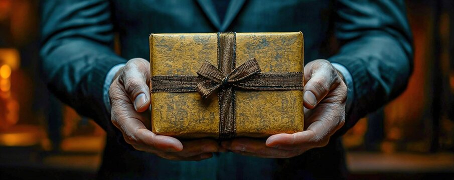 Male Businessman Holding Gift in Hand
