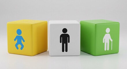 Colorful cubes showing the human life cycle from birth to old age
