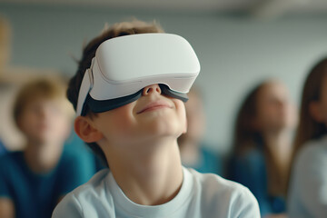 Young student engaged in virtual reality experience in classroom setting