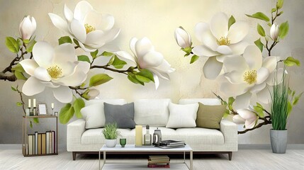 Elegant Interior Design Featuring Magnolias and Modern Sofa in a Cozy Living Room