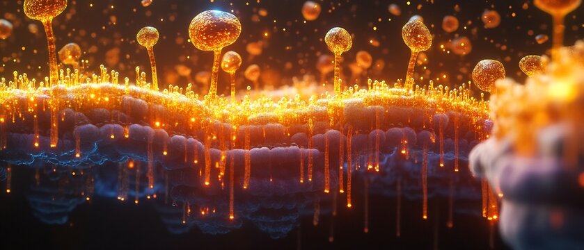 Stunning visualization of cell signaling process glowing receptor protein dynamic molecule transferring signal cinematic dark background golden gradient highlight ultra detailed perfectly symmetrical