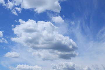 White clouds in a blue sky. Soft cloudscape with bright, airy formations, ideal for backgrounds, nature themes, and weather concepts.