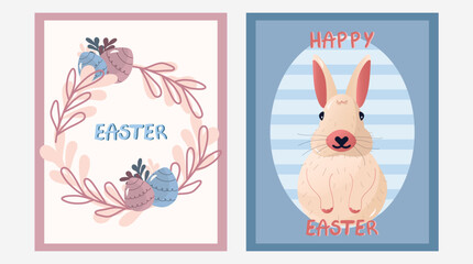 Easter card with cute bunny, eggs and flowers. banner, postcard. Vector illustration