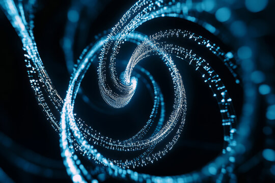 Illustration of a hypnotic spiral pattern made of thin, glowing neon lines against a dark background. The futuristic and dynamic design gives a sense of endless motion, making it perfect for modern