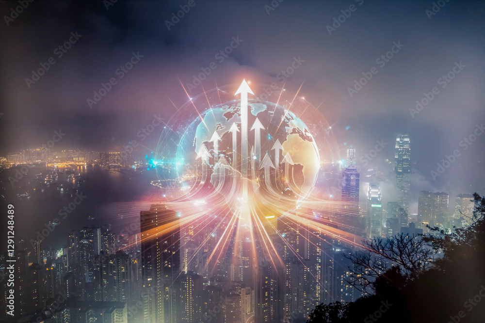 Aufkleber hong kong's vibrant cityscape with a glowing globe and upward arrows, symbolizing business growth co