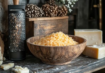 Grated cheese in wooden bowl on rustic kitchen counter with cheese blocks, grater, and decorative pinecones in background