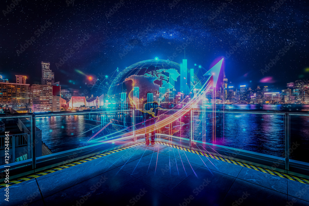 Aufkleber Futuristic Hong Kong skyline at night with glowing globe and arrow. Concept of business growth and development, representing growing up in a dynamic city.