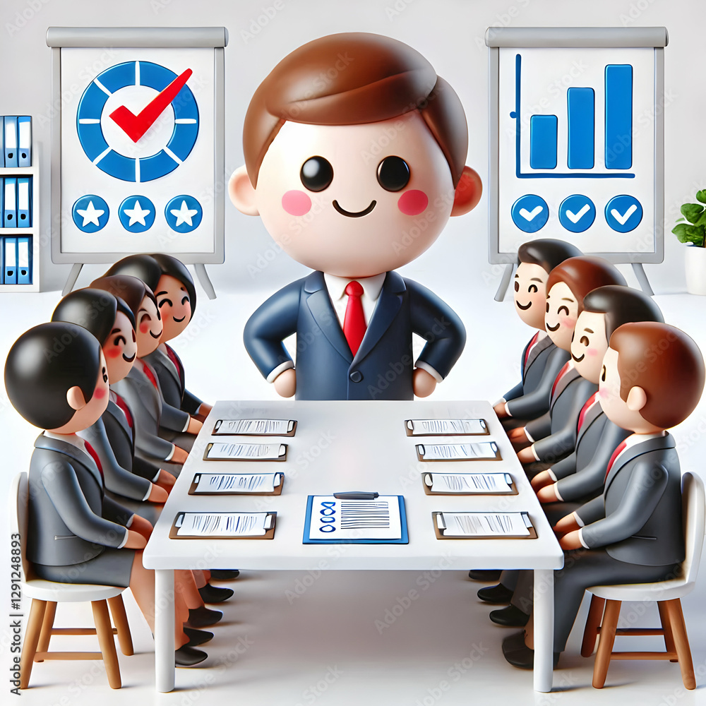 Poster celebrating success: 3d employee evaluation and assessment metrics concept with smiling professional