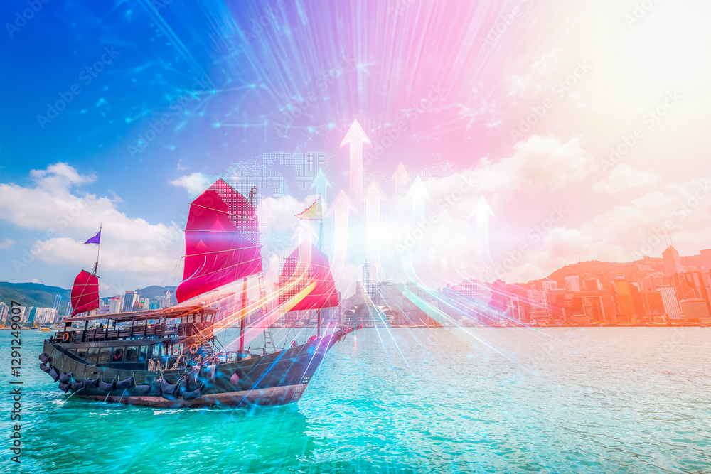 Poster hong kong harbor with a junk boat sails towards a bright, stylized cityscape. upward arrows suggest 