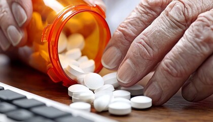 Elderly hands pouring white pills from an orange prescription bottle onto a wooden surface.
