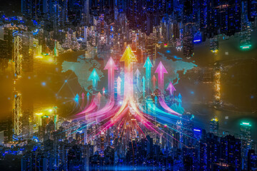 Fototapeta premium Hong Kong's business concept is visualized with upward arrows over a cityscape and world map, symbolizing growing up and global expansion.