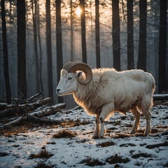 A snowy white ram walking through a misty forest at sunset.