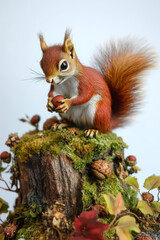 A tiny red squirrel sitting atop a mossy tree stump, nibbling on an acorn. The detailed fur and expressive eyes give the scene an endearing, lively energy.
