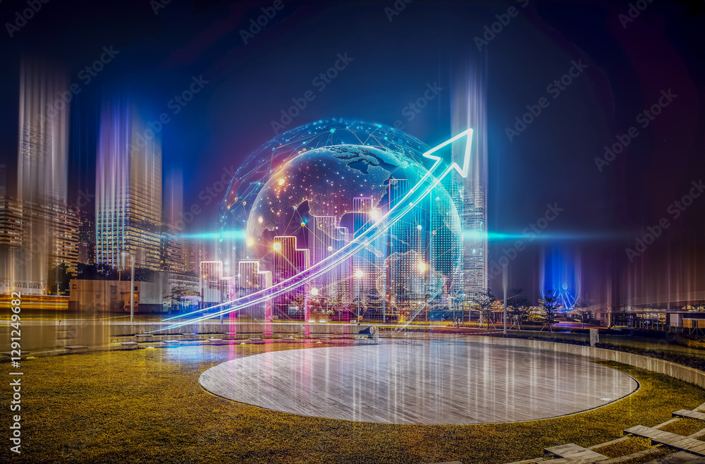 Aufkleber Hong Kong business concept of growing up and global expansion. Digital cityscape with an upward arrow, symbolizing progress.