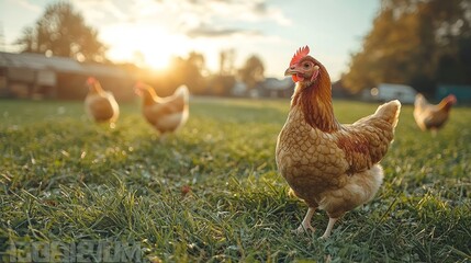 A serene sunset scene with free-ranging chickens enjoying a lush green field under soft golden light
