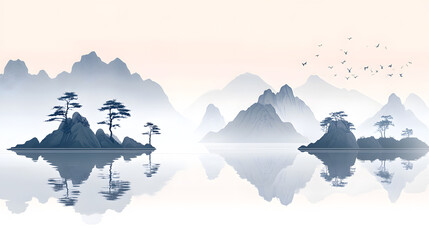 Fototapeta premium In the early morning, there is mist on top of the mountains and water in front of them 